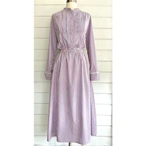 LORETTA CAPONI Striped Cotton Long Sleeved Midi Shirt Dress Stretch Waist - M
